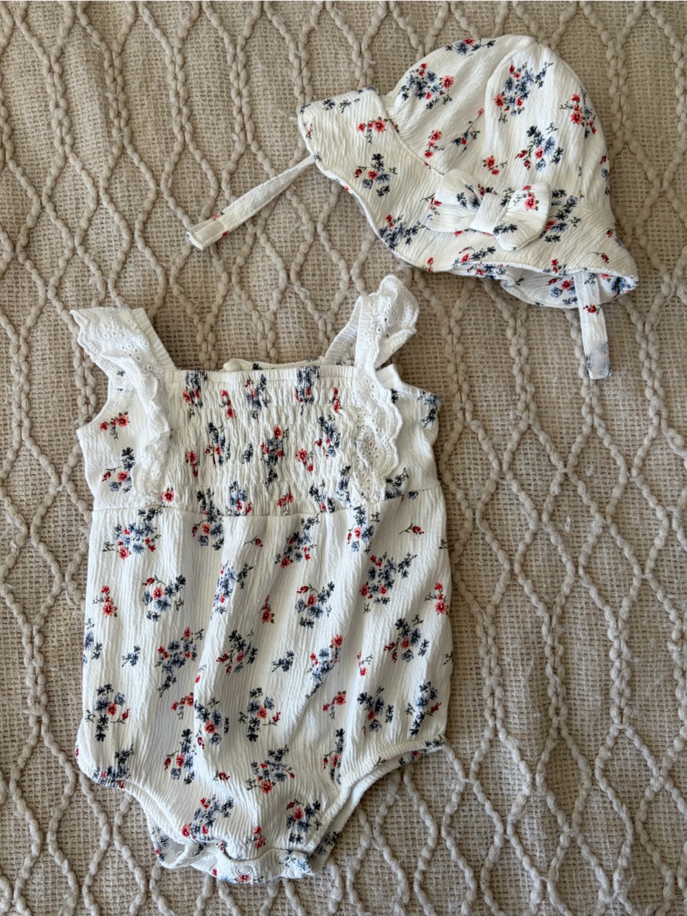 White Floral Smocked One-Piece with Matching Hat - Kids